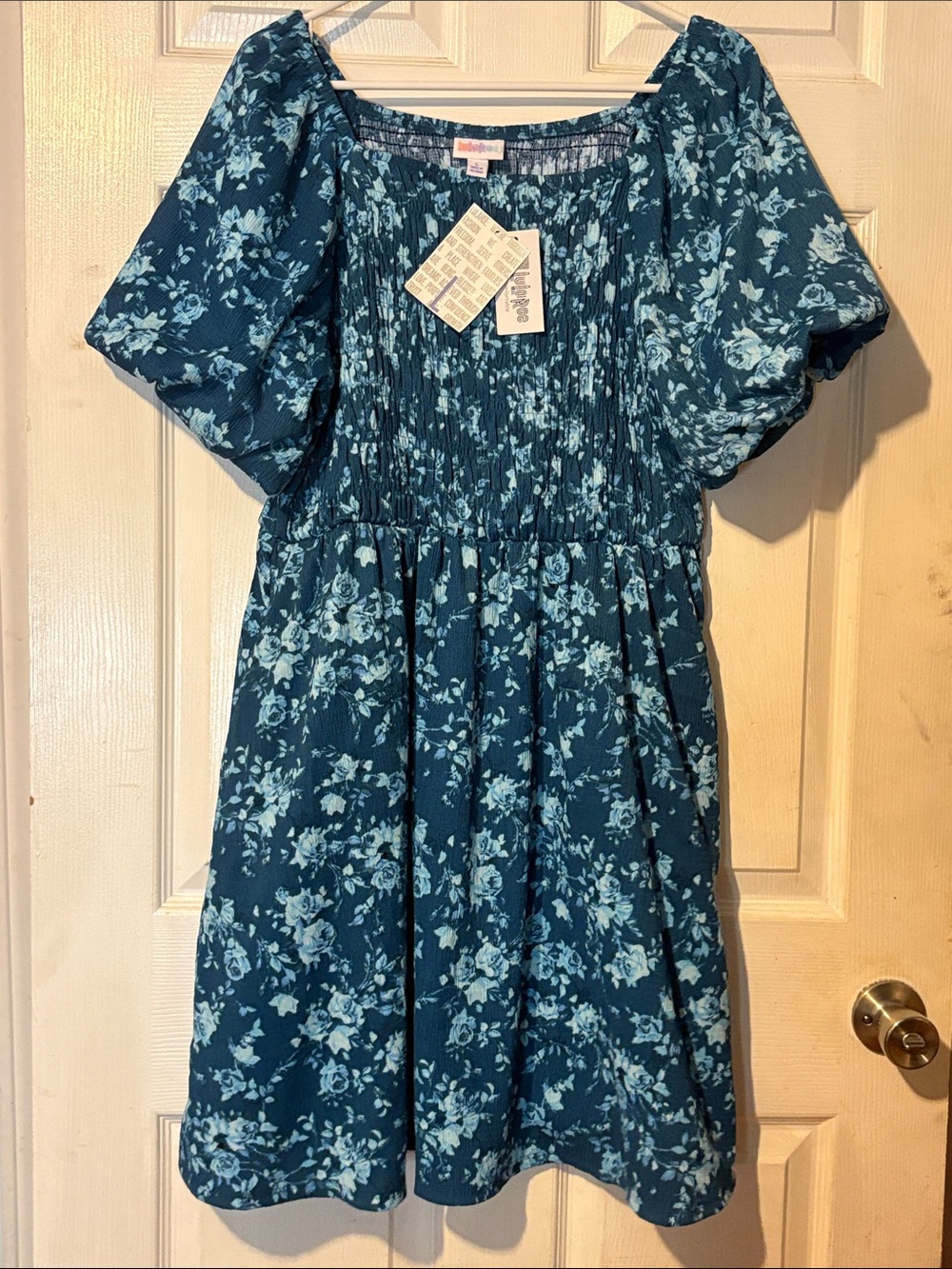 LuLaRoe Blue Floral Puff Sleeve Mini Dress